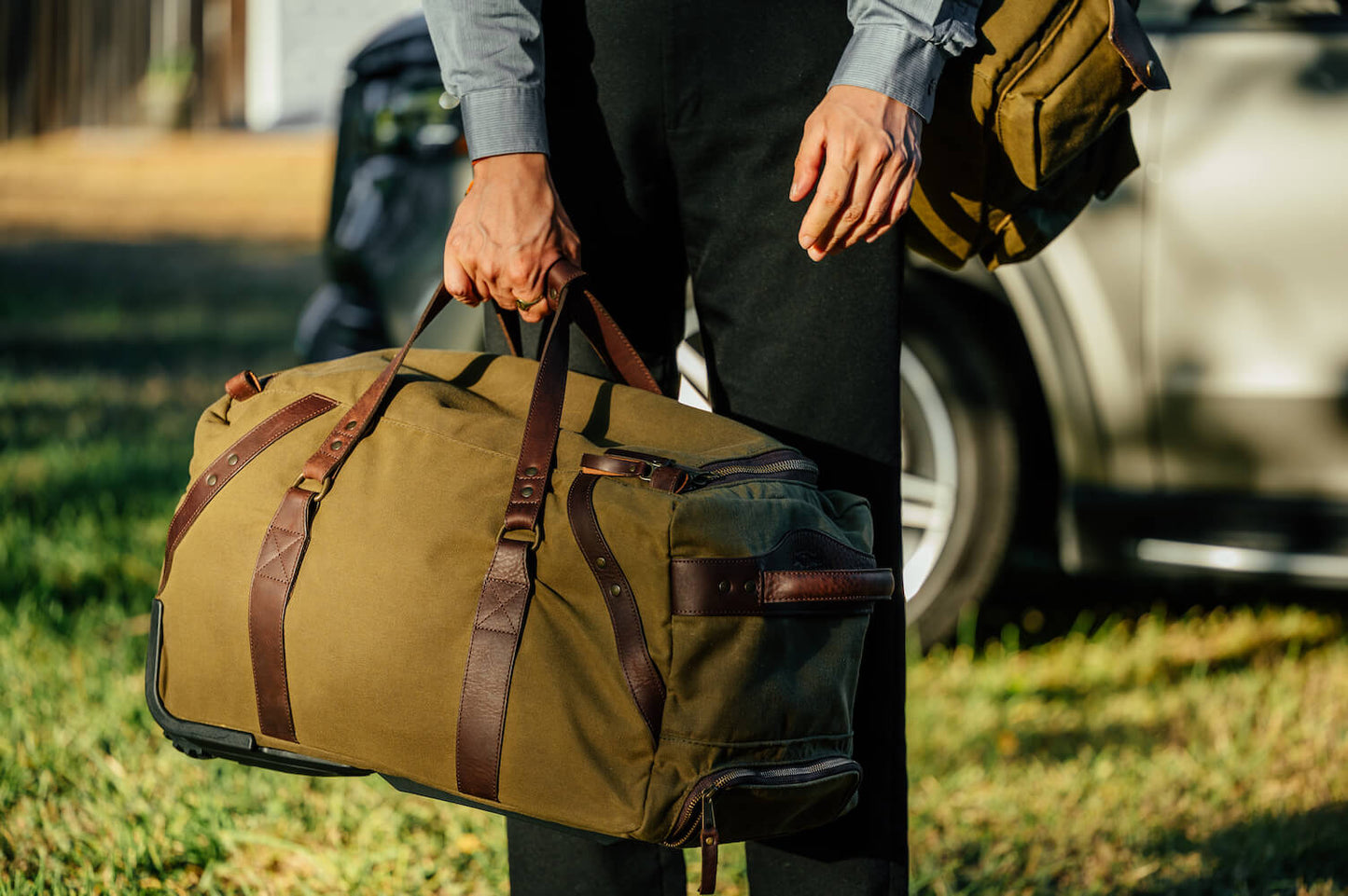 Campaign Waxed Canvas Rolling Carry-On Duffle Bag-Bags > Duffle Bag > Waxed Canvas-Smoke-Forest-Mission Mercantile Leather Goods