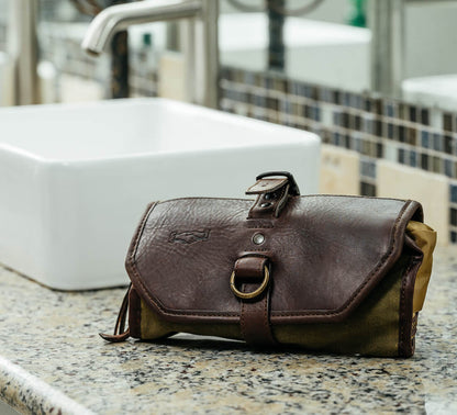 Campaign Waxed Canvas Roll-Up Shave Kit-Bags > Toiletry Bag > Waxed Canvas-Smoke-Forest-Mission Mercantile Leather Goods