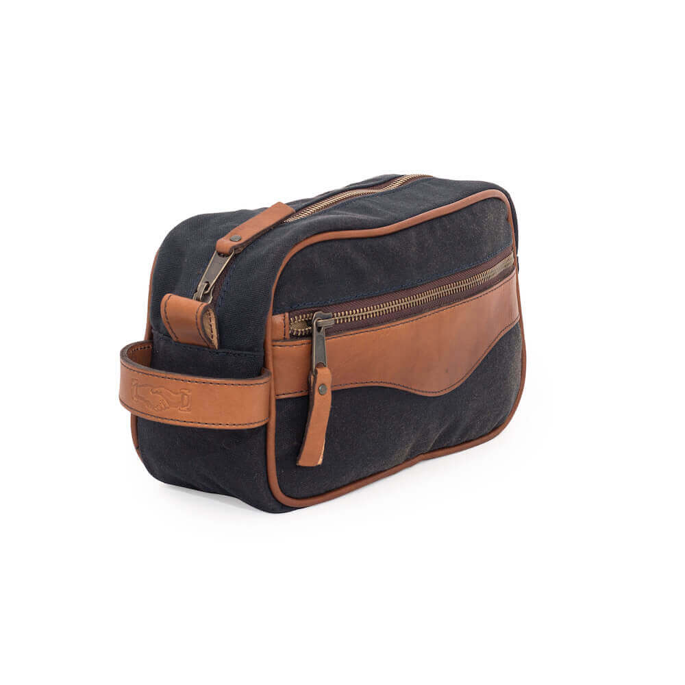 Campaign Waxed Canvas Shave Kit-Bags > Toiletry Bag > Waxed Canvas-Hickory-Navy-Mission Mercantile Leather Goods