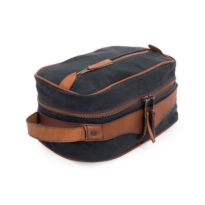 Campaign Waxed Canvas Toiletry Square Shave Kit-Bags > Toiletry Bag > Waxed Canvas-Hickory-Navy-Mission Mercantile Leather Goods