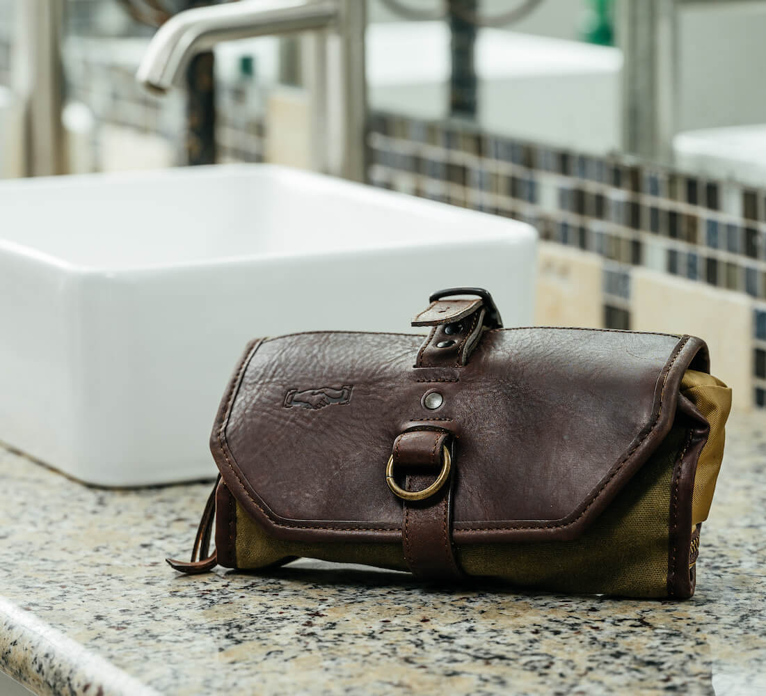 Campaign Waxed Canvas Roll-Up Shave Kit-Bags > Toiletry Bag > Waxed Canvas-Smoke-Brown-Mission Mercantile Leather Goods