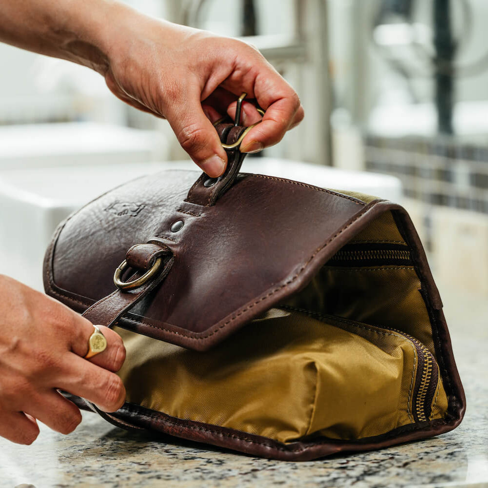 Campaign Waxed Canvas Roll-Up Shave Kit-Bags > Toiletry Bag > Waxed Canvas-Smoke-Brown-Mission Mercantile Leather Goods