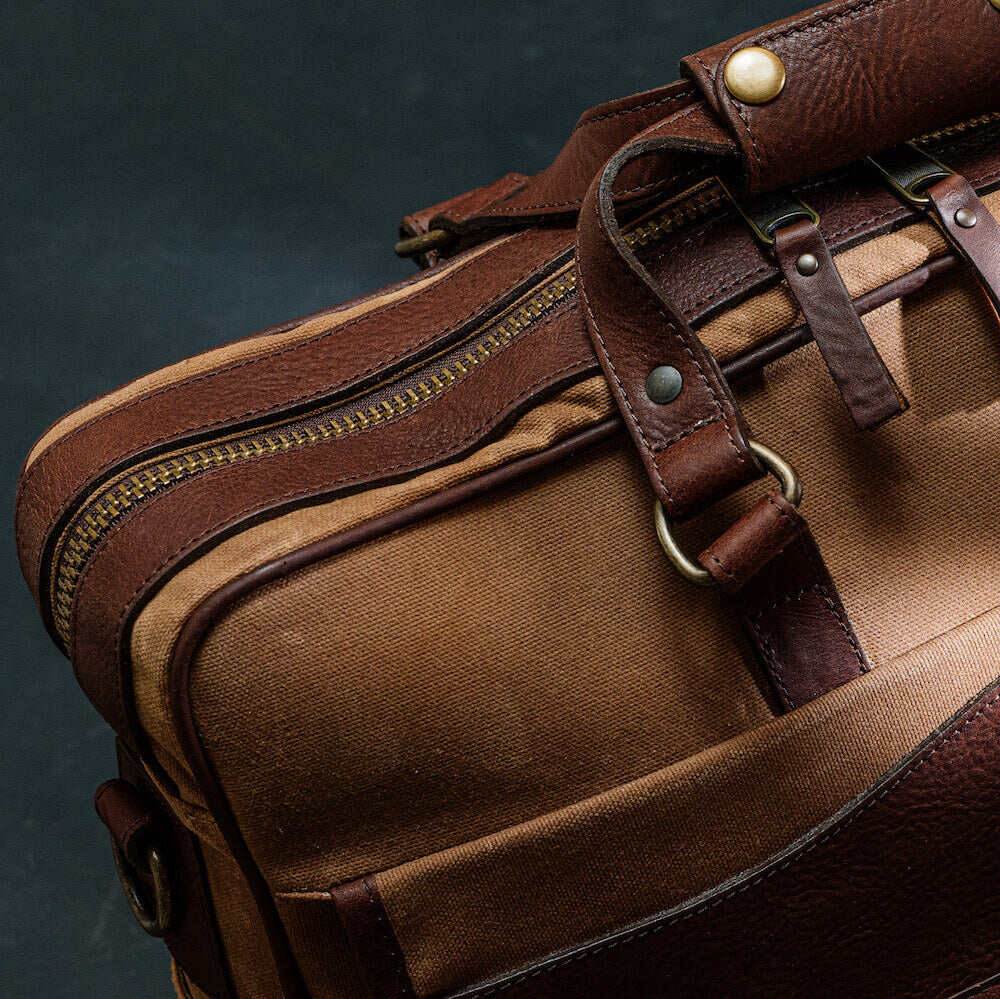 Campaign Waxed Canvas Briefcase-Bags > Briefcase > Waxed Canvas-Smoke-Brown-Mission Mercantile Leather Goods