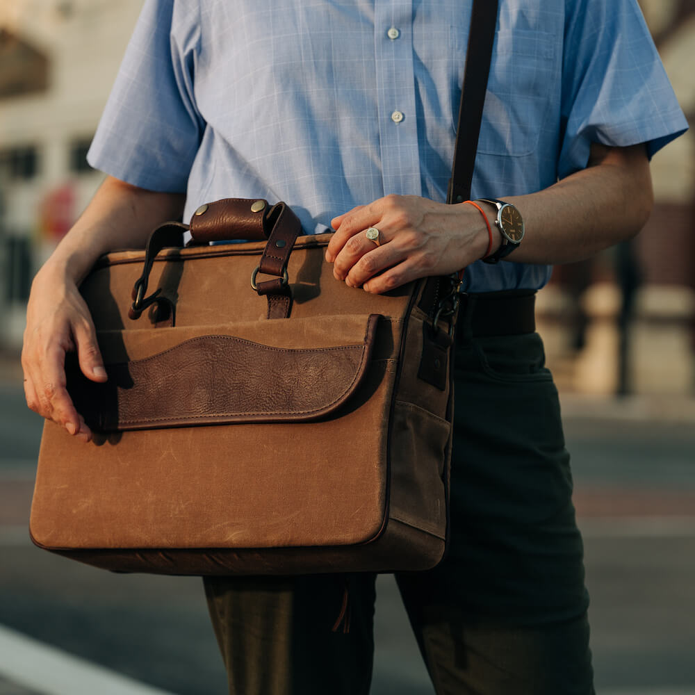 Campaign Waxed Canvas Briefcase-Bags > Briefcase > Waxed Canvas-Smoke-Brown-Mission Mercantile Leather Goods