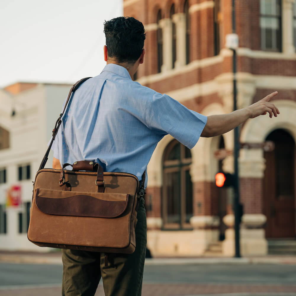 Campaign Waxed Canvas Briefcase-Bags > Briefcase > Waxed Canvas-Smoke-Brown-Mission Mercantile Leather Goods