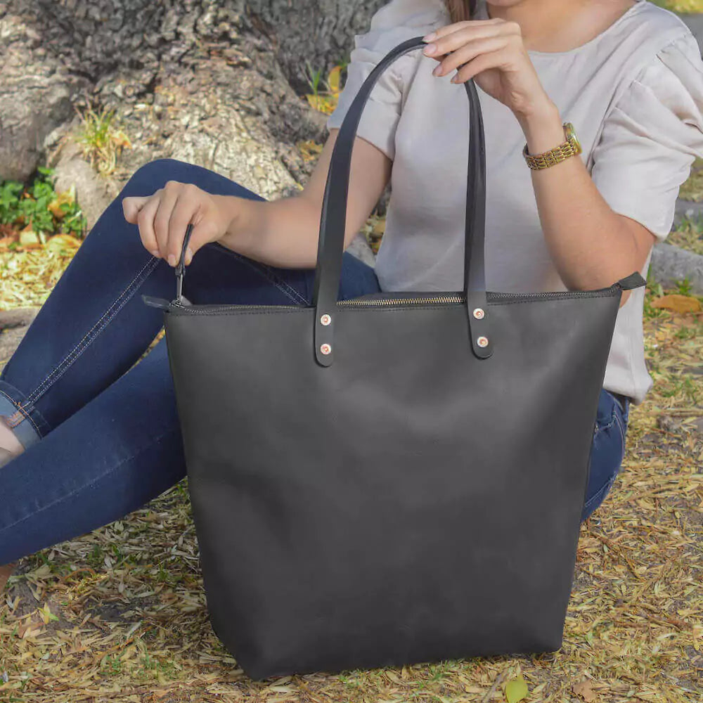 Eden Elevated Leather Tote Bag - Oversized Zippered > Handbag > Leather-Carbon-Mission Mercantile Leather Goods