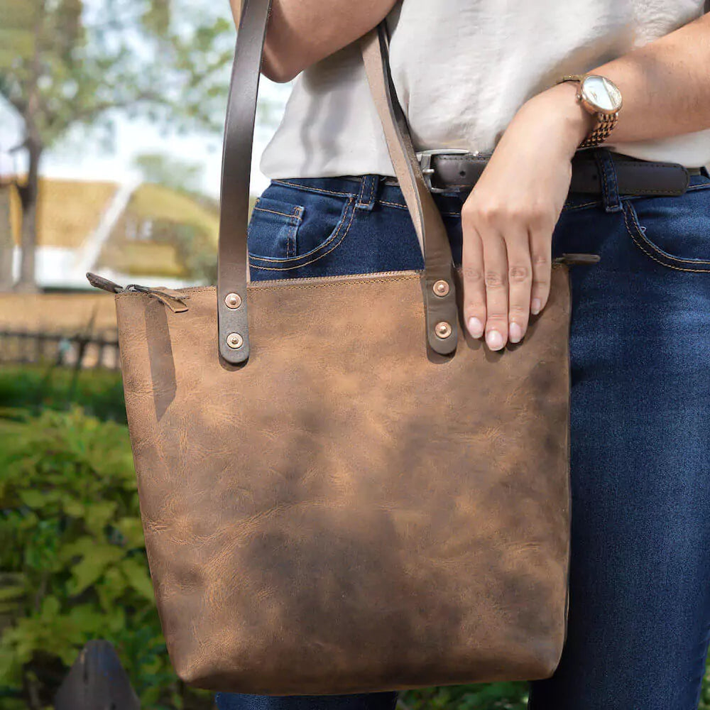 Eden Elevated Leather Tote Bag - Small Zippered > Handbag > Leather-Molasses-Mission Mercantile Leather Goods