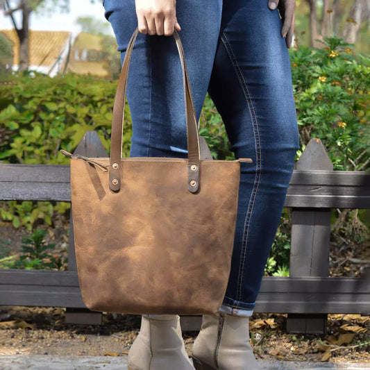 Eden Elevated Leather Tote Bag - Small Zippered > Handbag > Leather-Molasses-Mission Mercantile Leather Goods