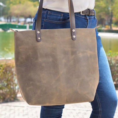 Eden Elevated Leather Tote Bag - Large Zippered > Handbag > Leather-Mushroom-Mission Mercantile Leather Goods