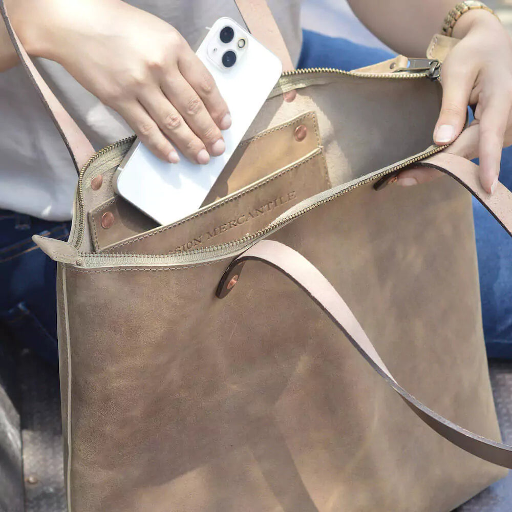 Eden Elevated Leather Tote Bag - Large Zippered > Handbag > Leather-Mushroom-Mission Mercantile Leather Goods