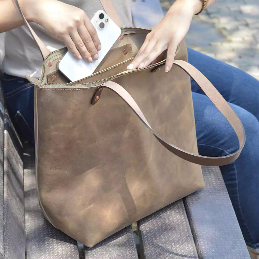 Eden Elevated Leather Tote Bag - Large Zippered > Handbag > Leather-Mushroom-Mission Mercantile Leather Goods