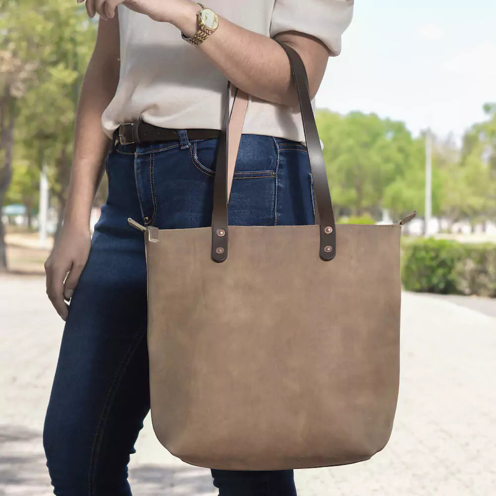 Eden Elevated Leather Tote Bag - Small Zippered > Handbag > Leather-Mushroom-Mission Mercantile Leather Goods