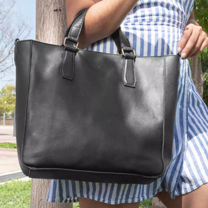 Ellington Leather Market Tote w/ Zippered Pouch-Bags > Handbag > Leather-Onyx-Mission Mercantile Leather Goods