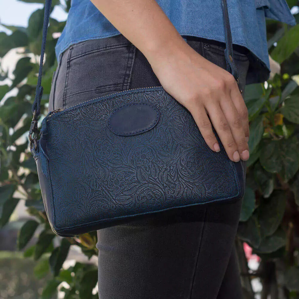 Heritage Tooled Leather Crossbody Bag-Bags > Handbag > Leather-Midnight-Mission Mercantile Leather Goods
