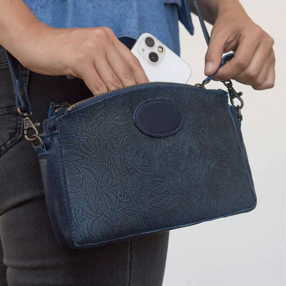 Heritage Tooled Leather Crossbody Bag-Bags > Handbag > Leather-Midnight-Mission Mercantile Leather Goods