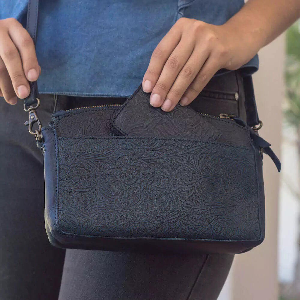 Heritage Tooled Leather Crossbody Bag-Bags > Handbag > Leather-Midnight-Mission Mercantile Leather Goods