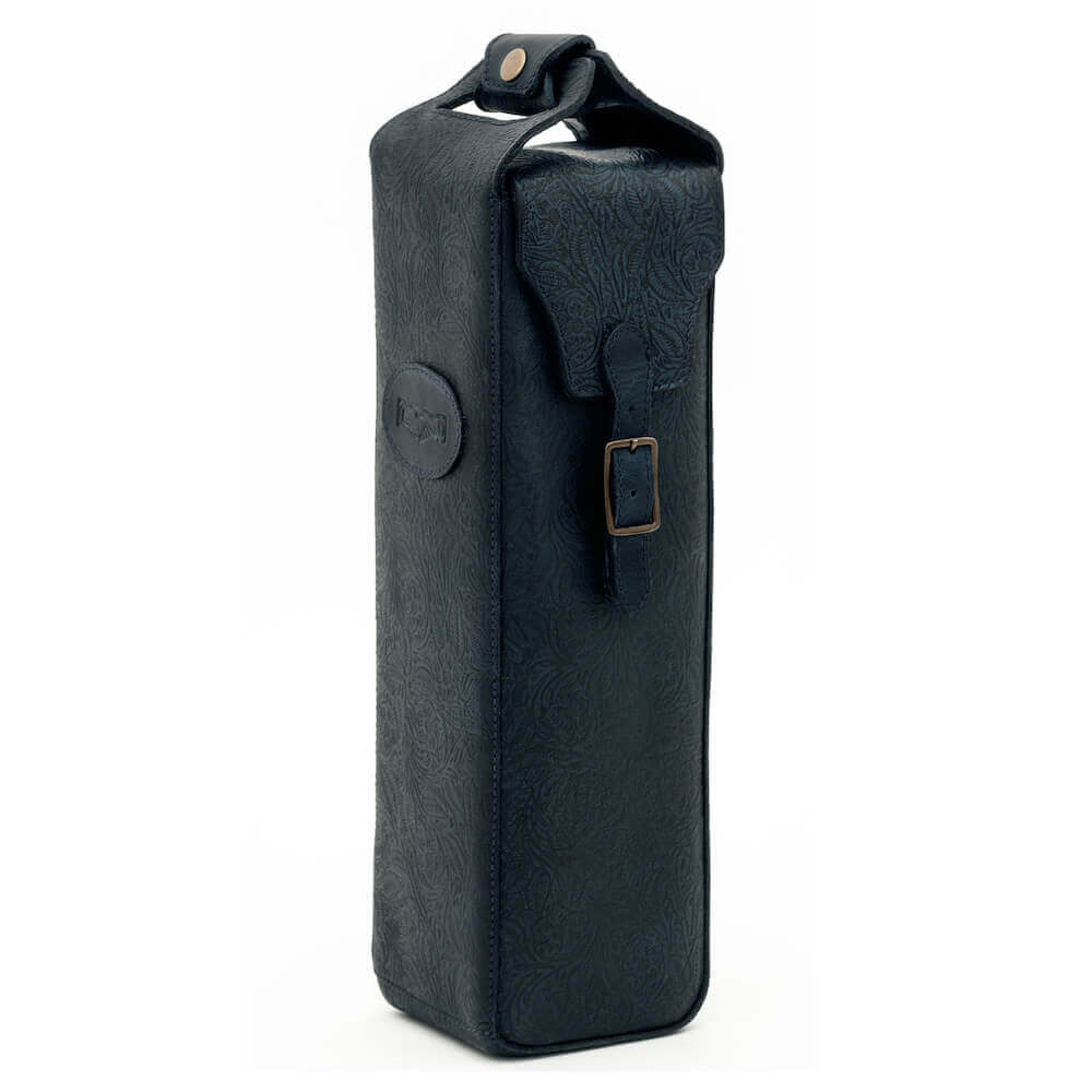 Heritage Tooled Leather Single Bottle Wine Carrier-Accessories > Beverage Carriers & Coolers > Leather-Midnight-Mission Mercantile Leather Goods