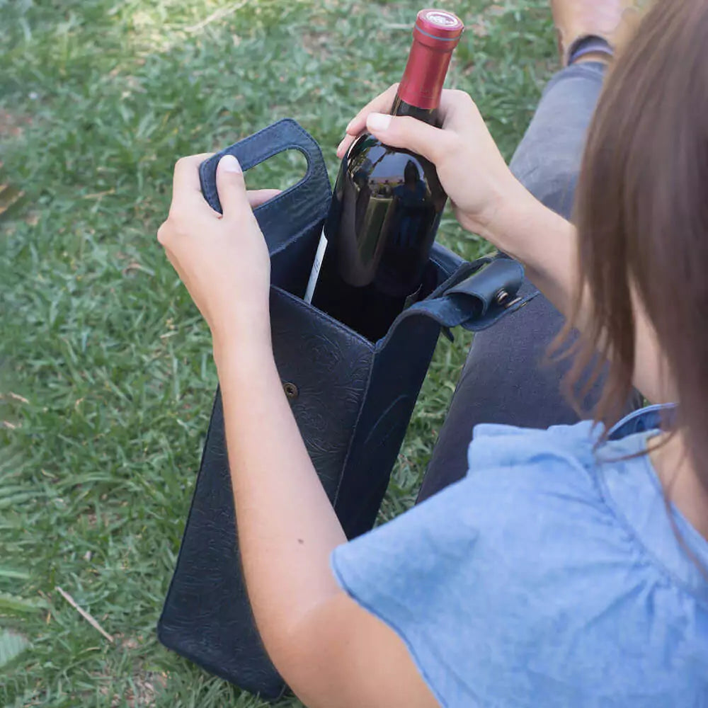 Heritage Tooled Leather Single Bottle Wine Carrier-Accessories > Beverage Carriers & Coolers > Leather-Midnight-Mission Mercantile Leather Goods