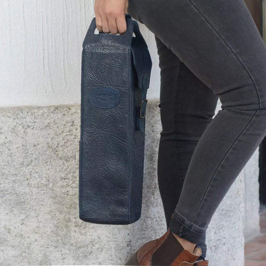 Heritage Tooled Leather Single Bottle Wine Carrier-Accessories > Beverage Carriers & Coolers > Leather-Midnight-Mission Mercantile Leather Goods