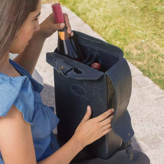 Heritage Tooled Leather Two Bottle Wine Carrier-Accessories > Beverage Carriers & Coolers > Leather-Midnight-Mission Mercantile Leather Goods