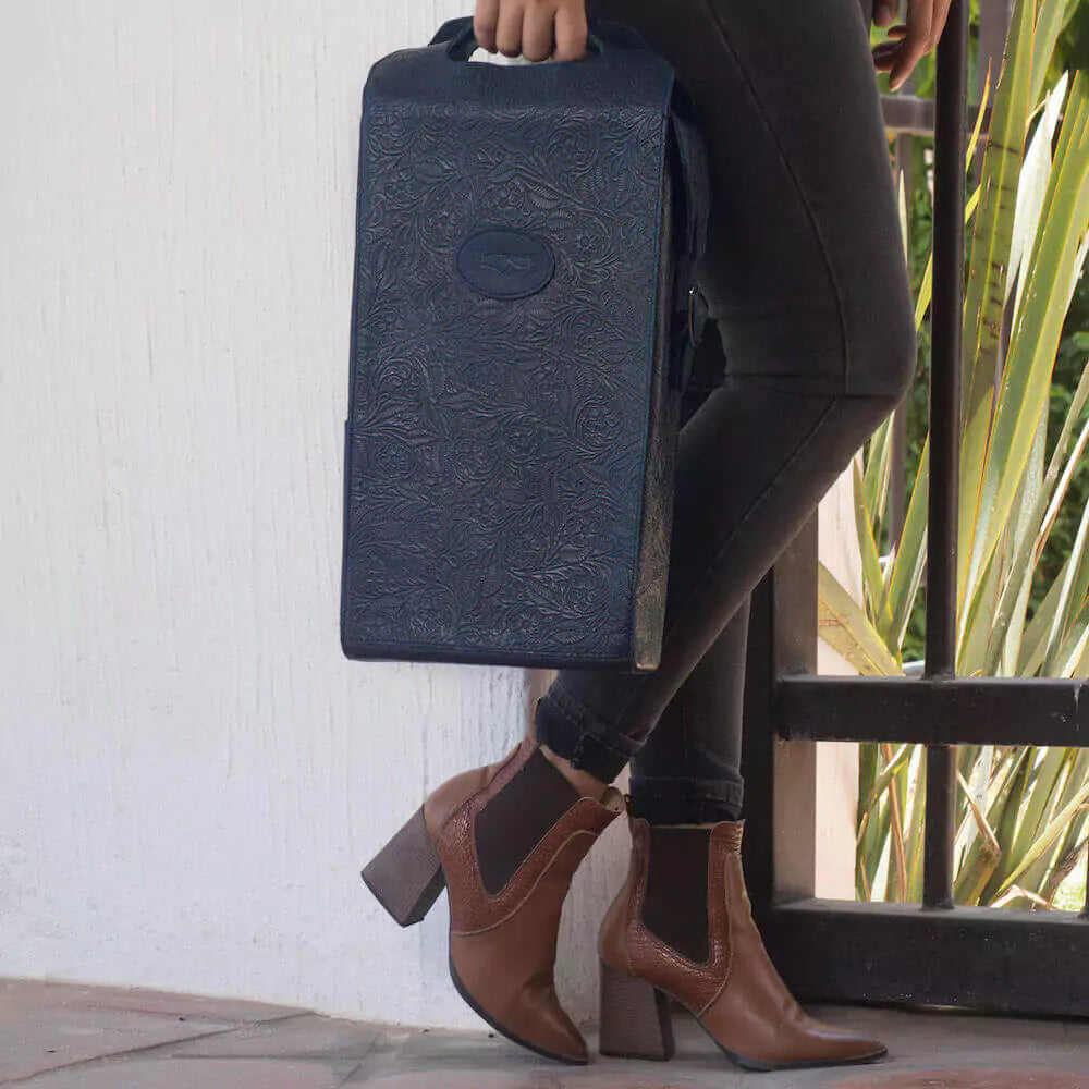 Heritage Tooled Leather Two Bottle Wine Carrier-Accessories > Beverage Carriers & Coolers > Leather-Midnight-Mission Mercantile Leather Goods