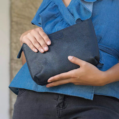 Heritage Tooled Leather Large Zippered Pouch-Accessories > Pouch  > Leather-Midnight-Mission Mercantile Leather Goods