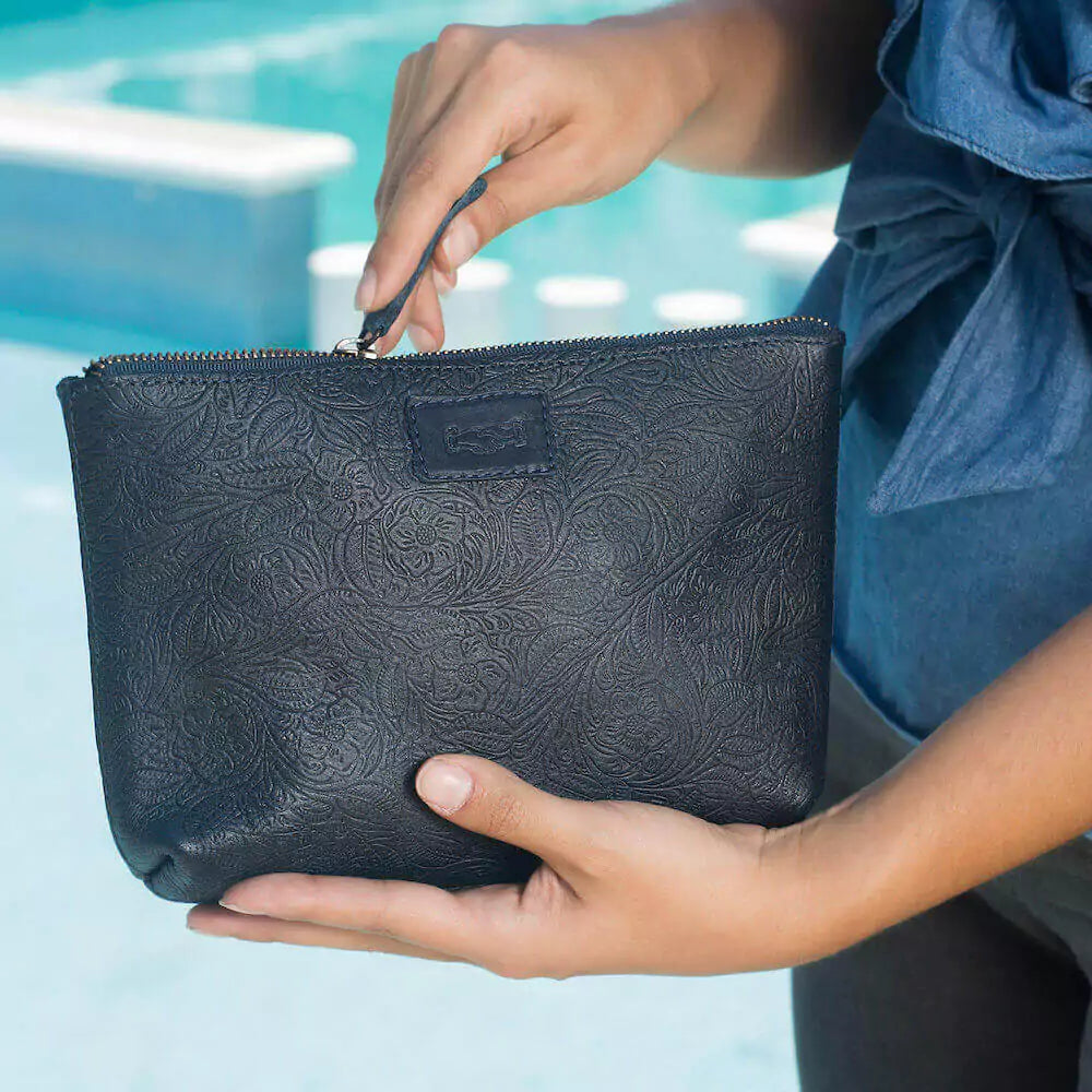Heritage Tooled Leather Large Zippered Pouch-Accessories > Pouch  > Leather-Midnight-Mission Mercantile Leather Goods