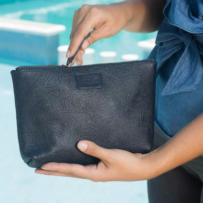 Heritage Tooled Leather Large Zippered Pouch-Accessories > Pouch  > Leather-Midnight-Mission Mercantile Leather Goods