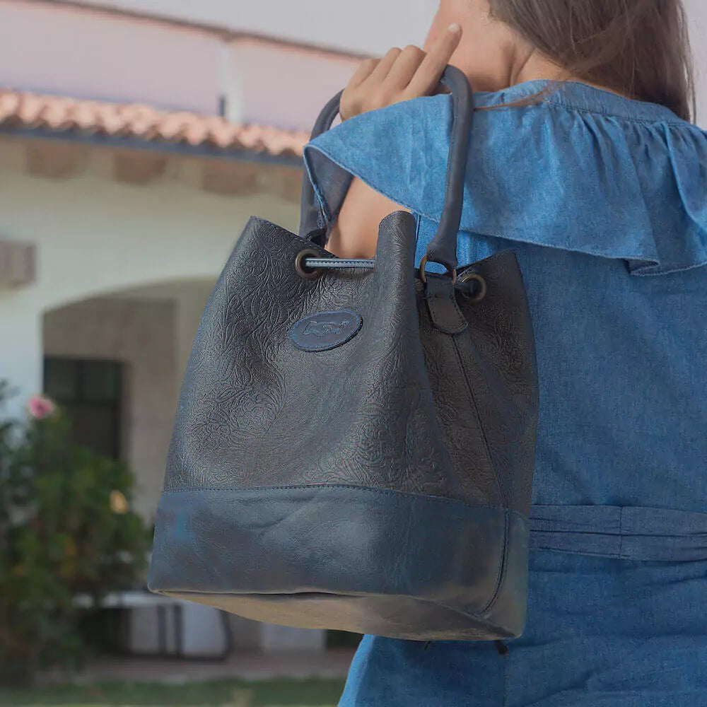 Heritage Tooled Leather Bucket Bag-Bags > Handbag > Leather-Midnight-Mission Mercantile Leather Goods