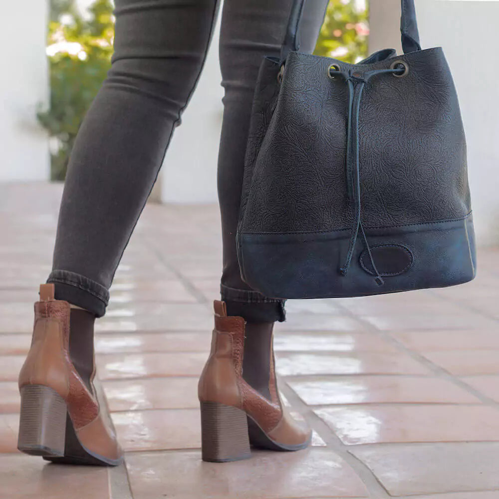 Heritage Tooled Leather Bucket Bag-Bags > Handbag > Leather-Midnight-Mission Mercantile Leather Goods