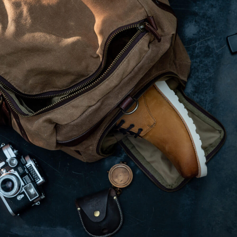 Campaign Waxed Canvas Large Duffle Bag-Bags > Duffle Bag > Waxed Canvas-Smoke-Brown-Mission Mercantile Leather Goods
