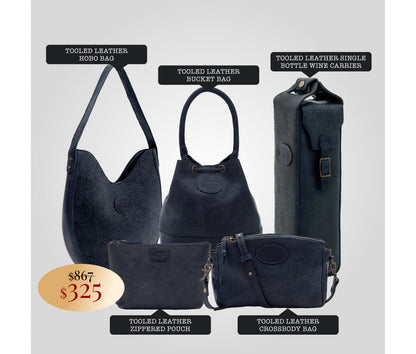 Set of handcrafted tooled leather bags including a hobo bag, bucket bag, wine carrier, pouch, and crossbody bag.