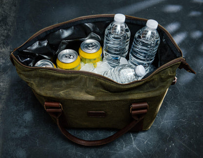 White Wing Waxed Canvas Cooler-Accessories > Beverage Carriers & Coolers > Waxed Canvas-Smoke-Forest-Mission Mercantile Leather Goods holding ice and drinks