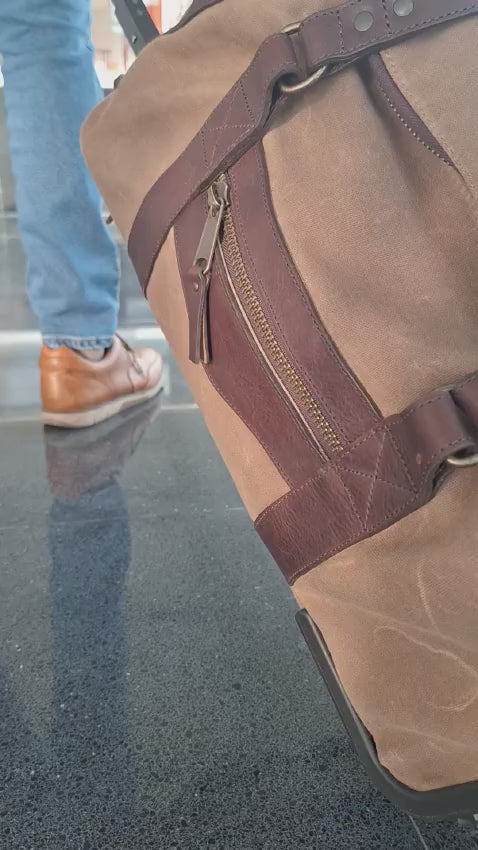 Campaign Waxed Canvas Rolling Carry-On Duffle Bag-Bags > Duffle Bag > Waxed Canvas-Smoke-Brown-Mission Mercantile Leather Goods
