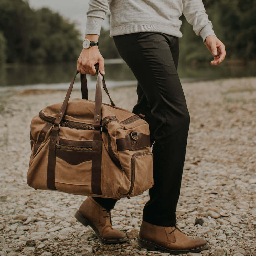 Campaign Waxed Canvas Medium Duffle Bag-Bags > Duffle Bag > Waxed Canvas-Smoke-Brown-Mission Mercantile Leather Goods
