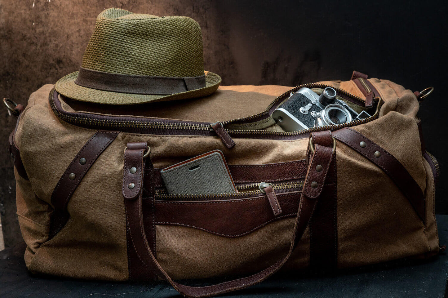 Campaign Waxed Canvas Large Duffle Bag-Bags > Duffle Bag > Waxed Canvas-Smoke-Brown-Mission Mercantile Leather Goods
