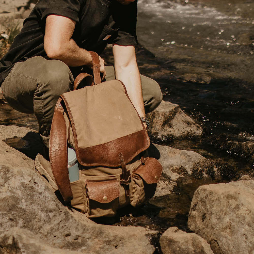 Campaign Waxed Canvas Leather Backpack-Bags > Backpack > Waxed Canvas-Smoke-Brown-Mission Mercantile Leather Goods