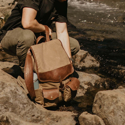 Campaign Waxed Canvas Leather Backpack-Bags > Backpack > Waxed Canvas-Smoke-Brown-Mission Mercantile Leather Goods
