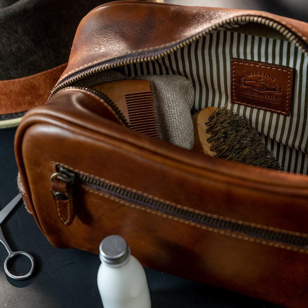 Benjamin Leather Wash Bag-Bags > Toiletry Bag > Leather-Hickory-Mission Mercantile Leather Goods