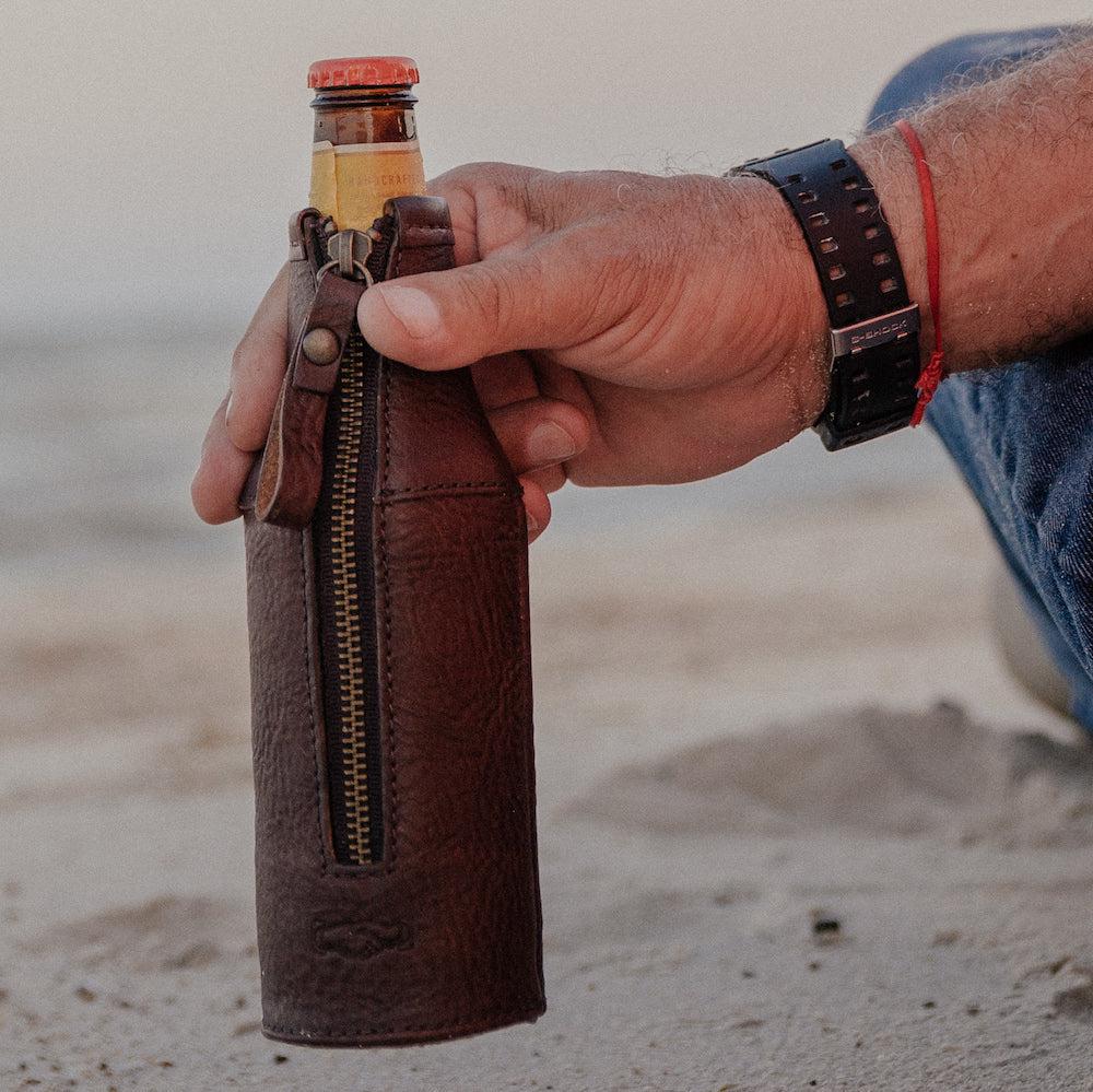 Campaign Leather Bottle Koozie-Accessories > Beverage Carriers & Coolers > Leather-Smoke-None-Mission Mercantile Leather Goods