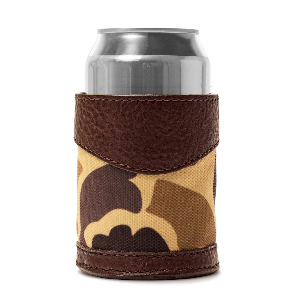 Campaign Leather Can Koozie-Accessories > Beverage Carriers & Coolers > Leather-Vintage Camo-Mission Mercantile Leather Goods