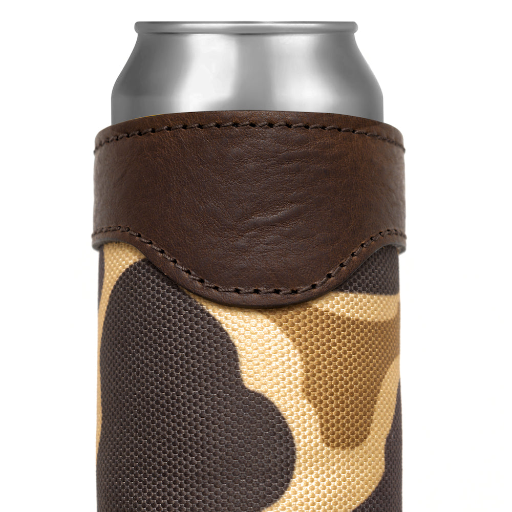 Campaign Leather Slim Can Koozie-Accessories > Beverage Carriers & Coolers > Leather-Vintage Camo-Mission Mercantile Leather Goods