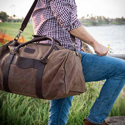 Campaign Waxed Canvas Large Field Duffle Bag-Bags > Duffle Bag > Waxed Canvas-Smoke-Brown-Mission Mercantile Leather Goods