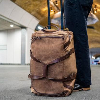 Campaign Waxed Canvas Rolling Carry-On Duffle Bag-Bags > Duffle Bag > Waxed Canvas-Smoke-Brown-Mission Mercantile Leather Goods