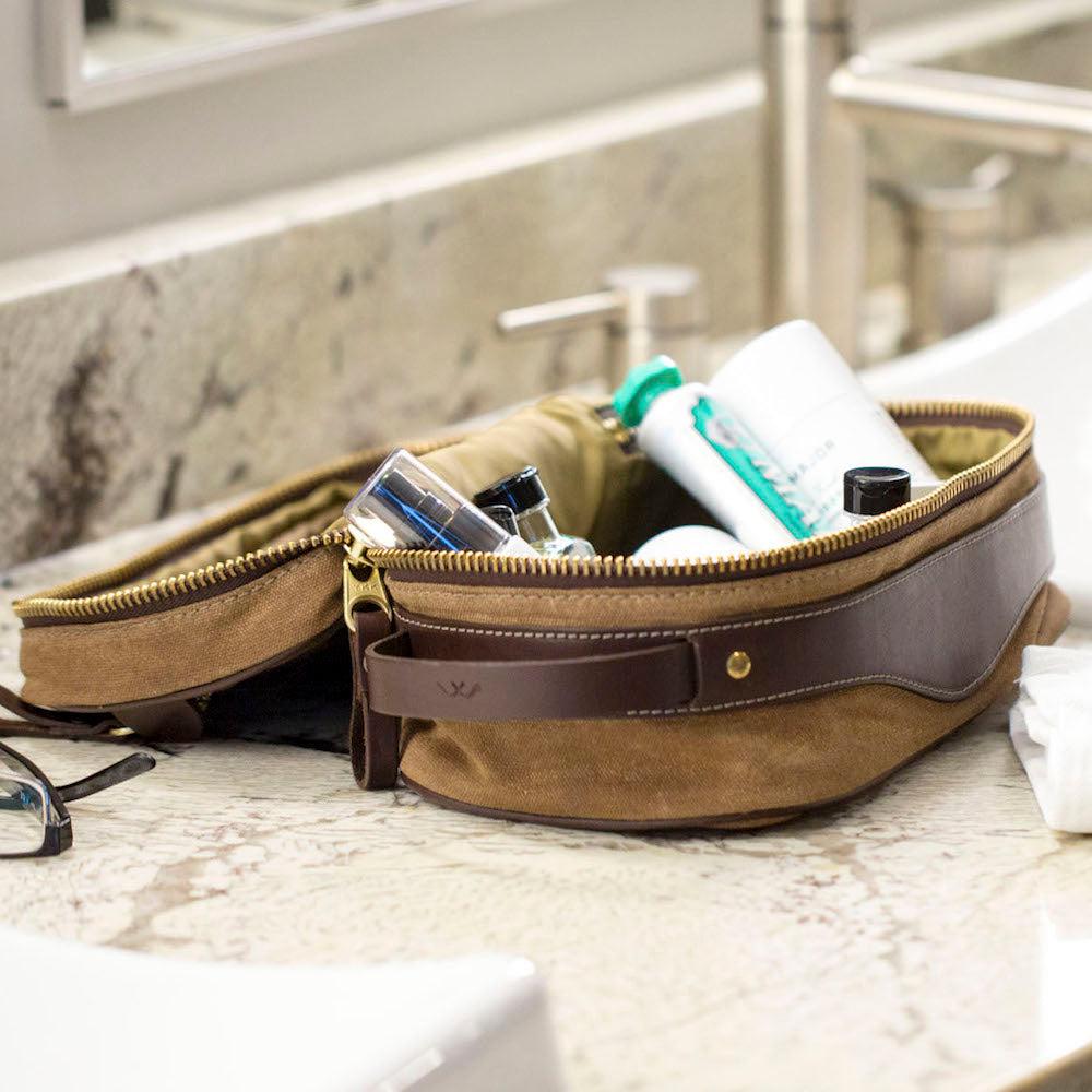 Campaign Waxed Canvas Toiletry Square Shave Kit-Bags > Toiletry Bag > Waxed Canvas-Smoke-Brown-Mission Mercantile Leather Goods
