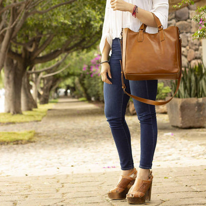 Ellington Leather Market Tote w/ Zippered Pouch-Bags > Handbag > Leather-Maple-Mission Mercantile Leather Goods