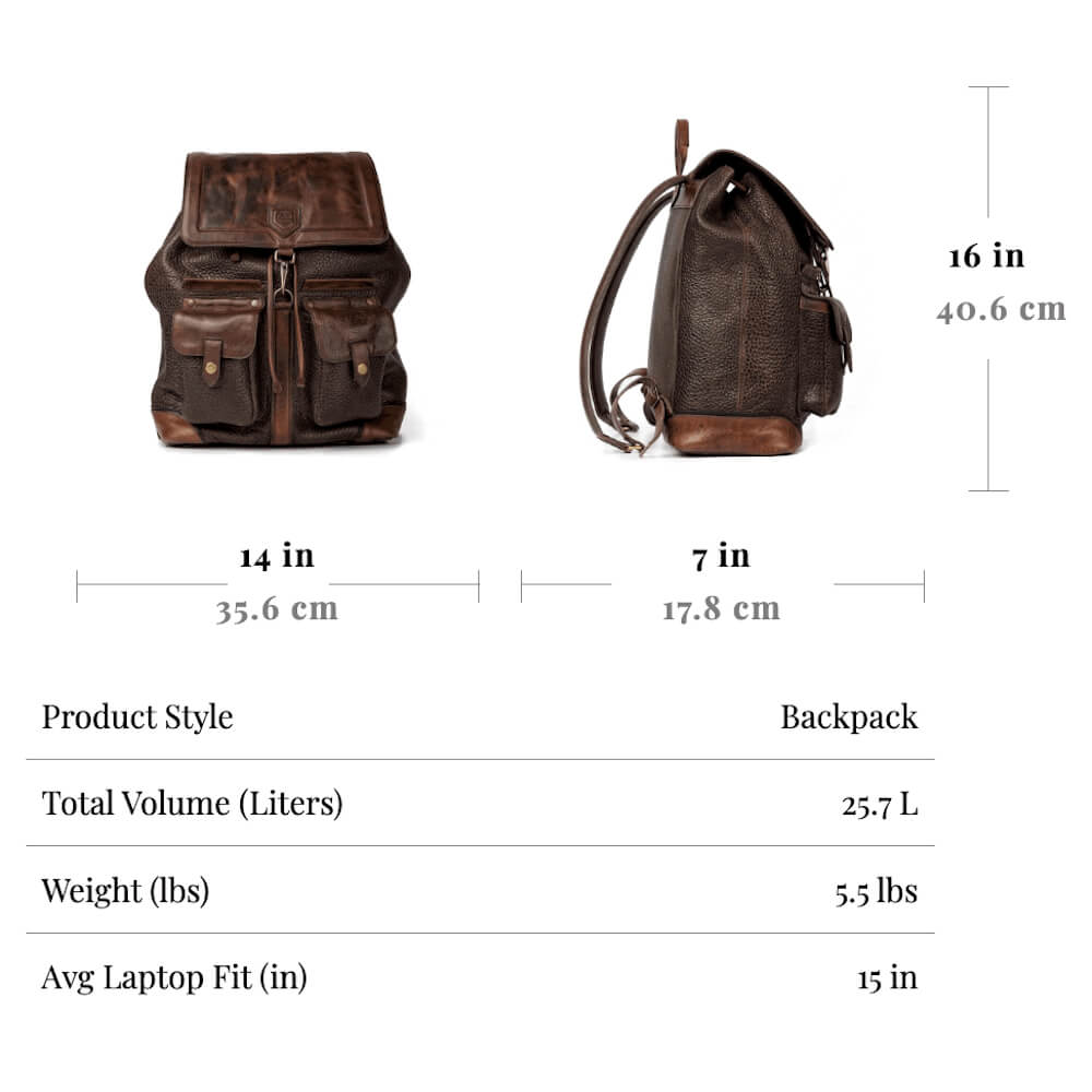Theodore Leather Backpack-Bags > Backpack > Leather-Espresso-Mission Mercantile Leather Good > Size Guide